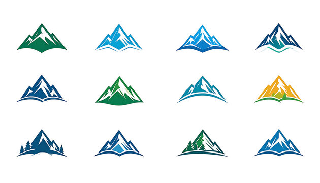 collection of pixel art mountain range logos, outdoor adventure icons, nature landscape symbols