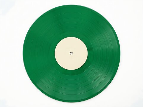 Glossy green vinyl record with sound grooves catching light reflection on a seamless white background for mockups.