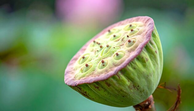 Deconstructed lotus seed head shows a unique pattern with its seeds, on a blurred green background