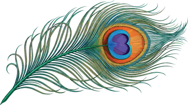 Detailed colorful peacock feather vector illustration featuring elegant line art textures and bright green blue turquoise orange and purple quill patterns on white background