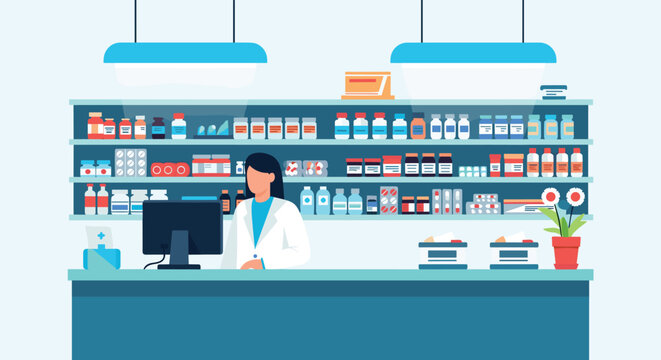 Professional female pharmacist in a white coat working behind a counter in a well stocked modern pharmacy interior.