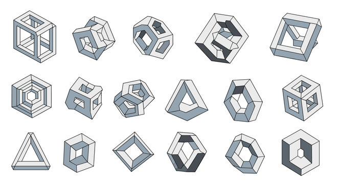 Collection of various complex three dimensional geometric wireframe shapes in grey and white with architectural details.