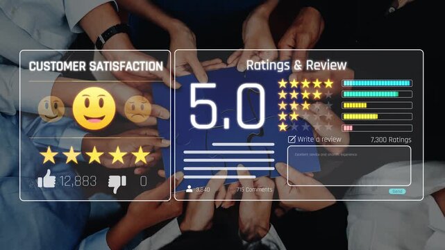 This image depicts a digital interface showcasing customer satisfaction ratings and reviews, highlighting user engagement through visual feedback and statistics. Raster