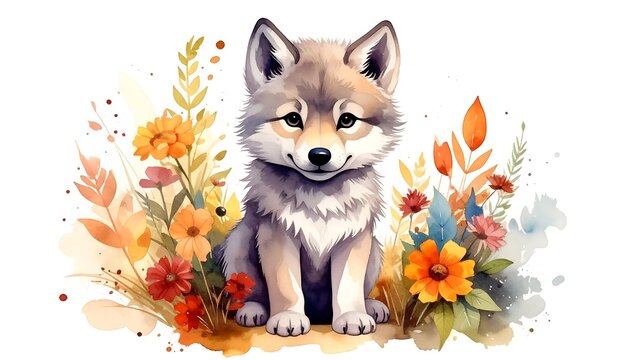 Cute watercolor wolf pup sitting amongst colorful flowers and foliage on a white background