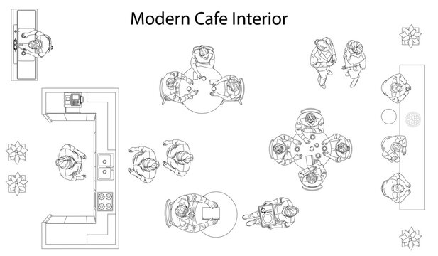 Modern Cafe Interior Floor Plan Contemporary Coffee Shop Layout, Service Counter, Customer Seating and Lounge Area &ndash; Top View Architectural CAD Drawing, Editable Vector Plan