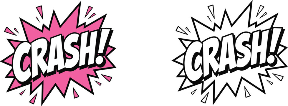 Crash comic explosion burst vector illustration with pink starburst background and black line art outline design style.