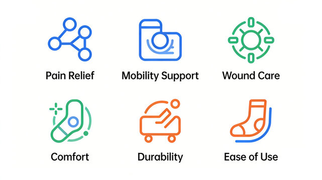 Molecular protective gear, crosshair insole, cart, sock icon, pain relieving action support, comfortable, durable and easy-to-use wound care, rehabilitation equipment and medical supplies.
