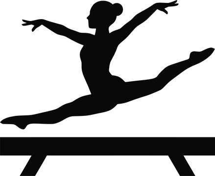 Gymnast silhouette performing a split leap on a balance beam black on white background