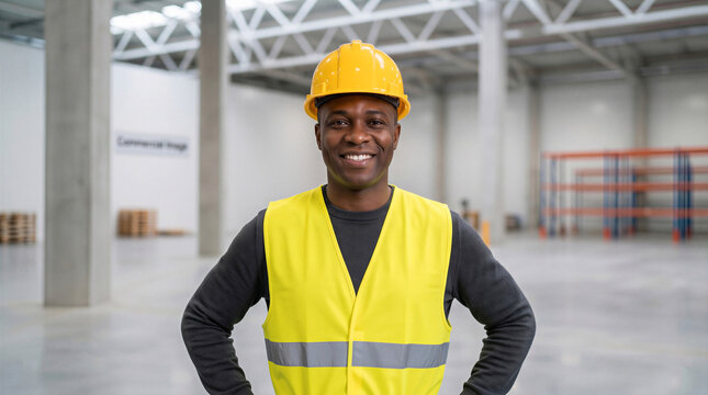 Smiling African male worker in a yellow hard hat and safety vest standing confidently in a bright modern warehouse facility