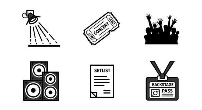 Set of music concert icons including spotlight, ticket, crowd, speakers, setlist, and backstage pass