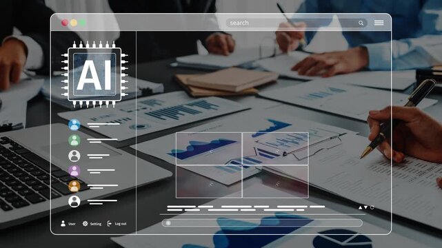 A contemporary workspace showcasing AI tools and data analysis. Professionals collaborate over reports and charts, emphasizing innovation and effective communication. Raster