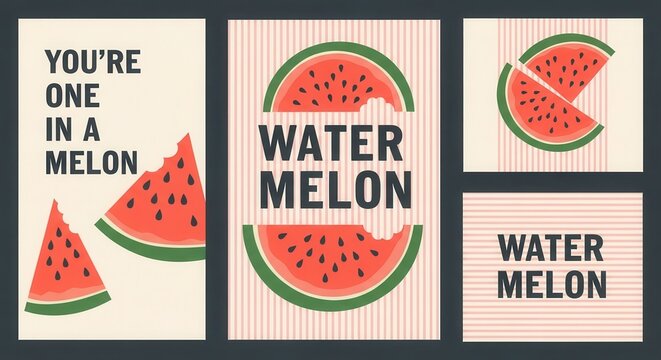 Set of Minimalist Watermelon Posters with Punny Quotes and Flat Vector Illustrations for Summer Decor and Greeting Cards