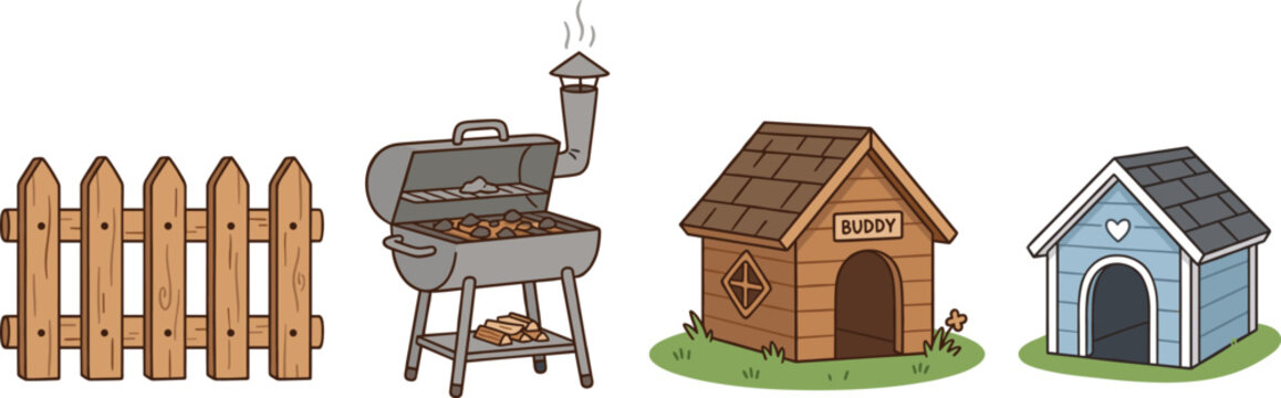 Outdoor home and pet accessories collection, backyard lifestyle equipment set, fencing barbecue doghouse vector illustration
