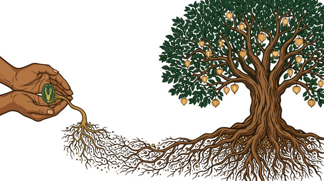 Small business growth concept with a tree growing from gold coins vector illustration