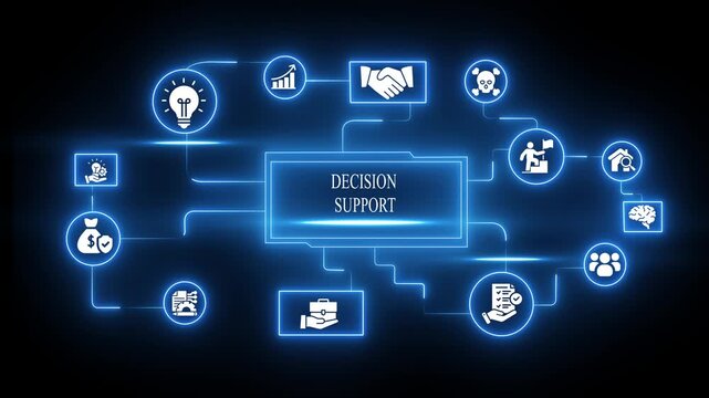 Decision support system concept with glowing digital network and business strategy infographic on dark background