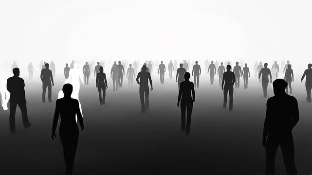 Human silhouettes walk through mist as dark figures gradually become bright white. Powerful concept of choice, personal growth, transformation, success, self-development and positive change.