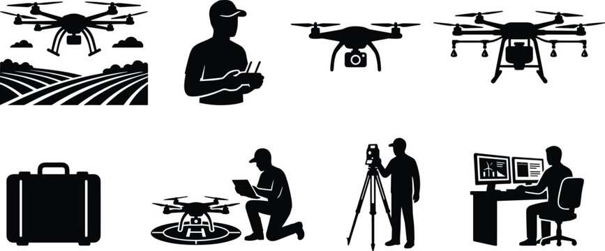 Drone Operation and Aerial Surveying Silhouette Illustrations Featuring Pilots, Equipment and Data Analysis Scenes