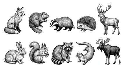 Naklejka premium Woodland and Forest Mammals Collection Hand Drawn Vintage Engraving