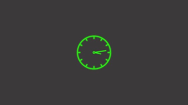 Minimalist neon green clock animation spinning fast on dark background, time timer countdown