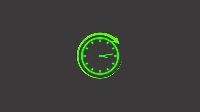 Green neon clock with rotating arrow animation, time passing concept, minimalist ui motion timer countdown