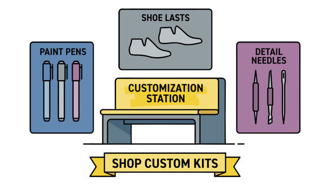 Diagram style illustration of sneaker customization station setup