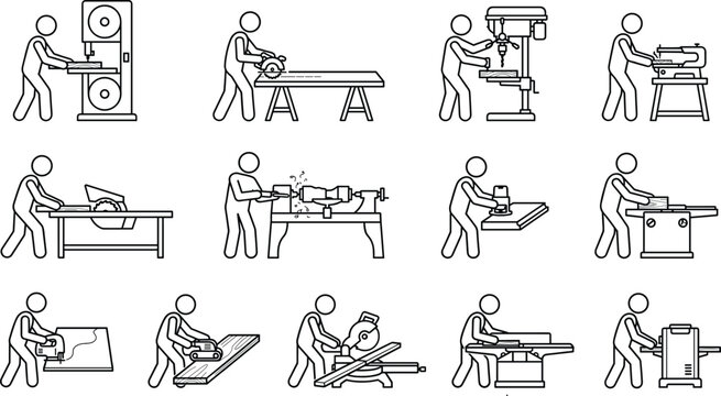 Woodworking and carpentry machine operators collection, industrial workshop equipment illustration, manufacturing craftsmanship and production concept