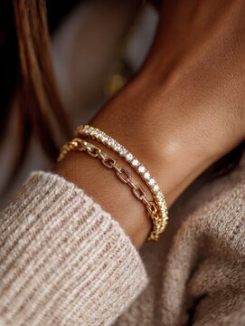 Elegant female wrist wearing stacked luxury gold jewelry accessories including a sparkling diamond tennis bracelet and chunky gold chain link bracelet with cozy beige knitted sweater banner