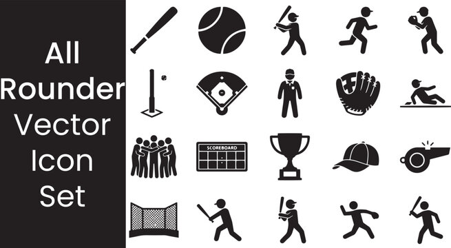 Baseball and rounders game icons set with sport equipment players and stadium elements.