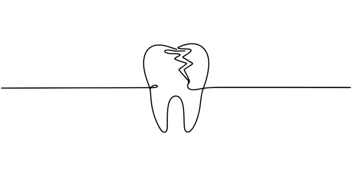 Continuous single line drawing of a cracked tooth representing dental health care