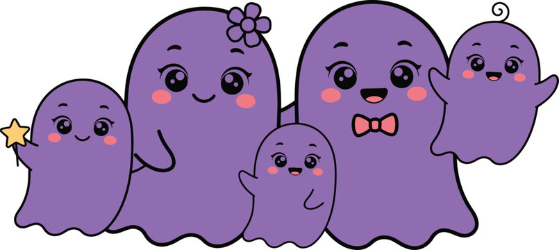 Cute Kawaii Halloween Phantom Characters, Purple Family Greeting Badge, Friendly Purple Cartoon Ghost Family Vector Graphic Illustration, vector, illustration, silhouette.