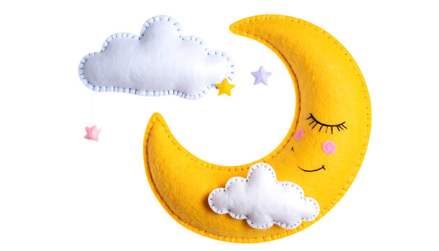 Felt moon with sleeping face, clouds, and stars, ideal for nursery decor or children's themes
