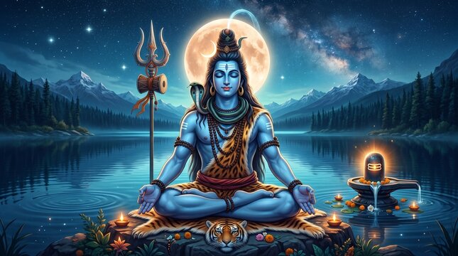 A high-quality digital illustration of Lord Shiva meditating in a serene, deep meditative pose (Padmasana). He is depicted with blue skin, serene closed eyes, and a calm expression. A glowing full moo
