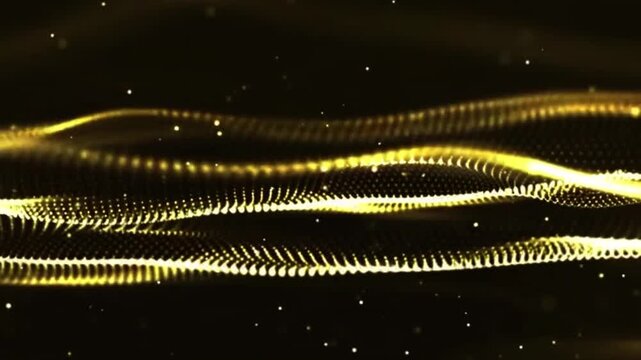 Glowing gold particles and gold particles wave animation background video. Abstract movement background, shining lights, energy waves and sparkling particles, capable of rotating.