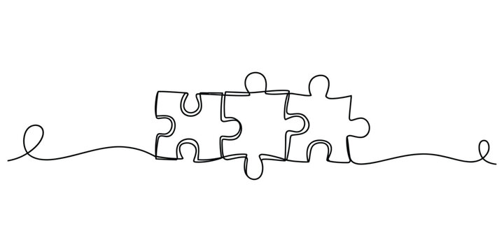 Continuous single line drawing of three connected puzzle pieces
