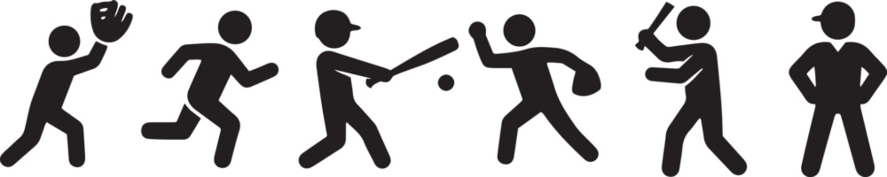 Baseball player set silhouettes including batter pitcher runner and infielder vector art.