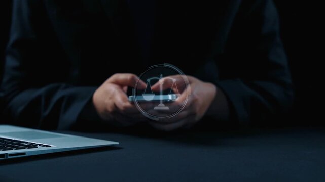 Futuristic digital law interface displaying justice scale, highlighting digital law, AI compliance, digital law systems, and digital law regulations for secure governance. Elide