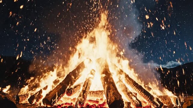 Bonfire, large flames, burning wood, nighttime, sparks flying