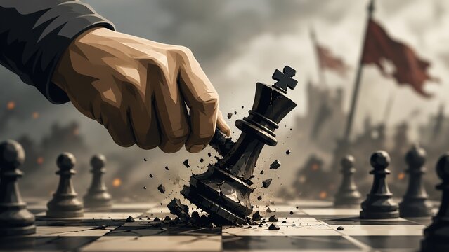 Hand Breaking Chess King Concept War Strategy Destruction Power Illustration