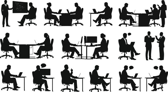 Corporate business meeting and office lifestyle black stencil collection showing executives talking collaborating interviewing and typing at desktop workstation terminals