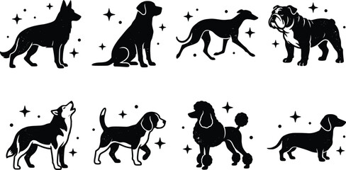Minimalist black and white dog breed silhouettes set including German Shepherd Labrador Bulldog Husky Poodle and Beagle © Manik