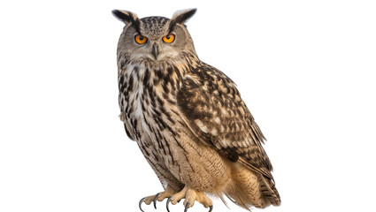 Obraz premium Eurasian eagle-owl with piercing orange eyes detailed feathers, isolated on transparent background