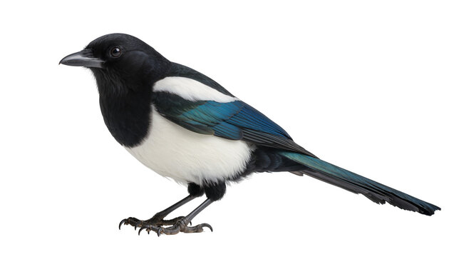 Black and white magpie bird with blue iridescent feathers, isolated on transparent background