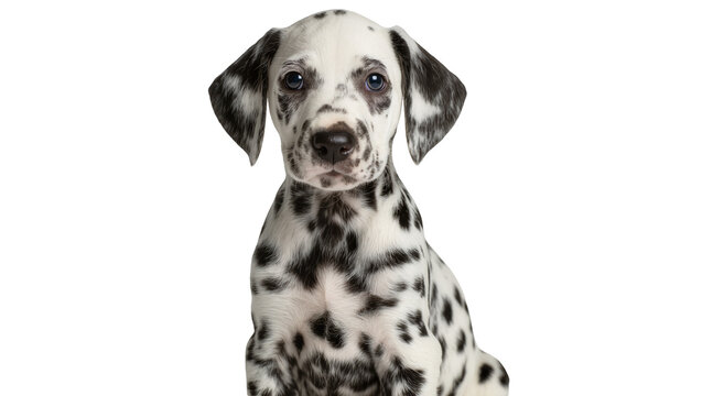 Young Dalmatian dog with black spots sitting, isolated on transparent background