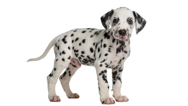 Young Dalmatian dog with black spots standing alert, isolated on transparent background
