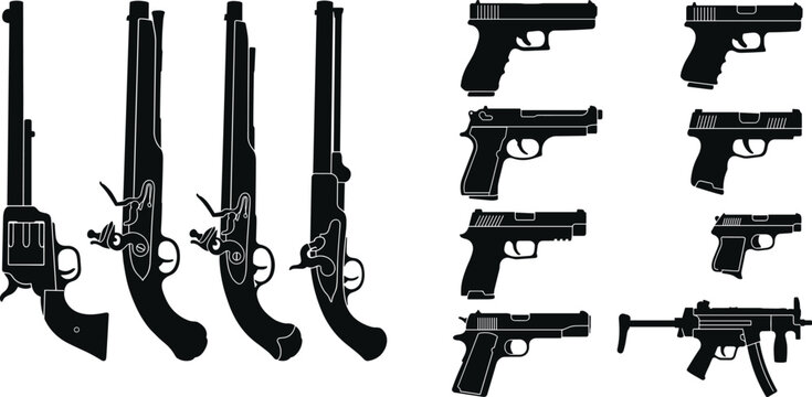 Black Silhouette Set of Historical and Modern Firearms Including Pistols Rifles and Submachine Guns