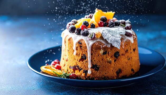 Decadent fruitcake adorned with fresh berries and citrus slices, a traditional holiday dessert