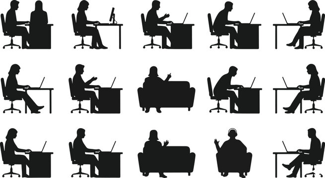 Corporate business meeting and office lifestyle black stencil collection showing executives talking collaborating interviewing and typing at desktop workstation terminals