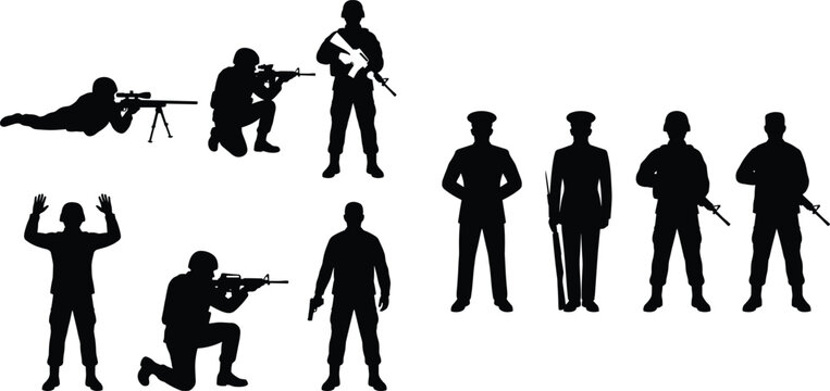 Black Silhouette Set of Military Soldiers and Police Officers in Various Combat and Standing Poses