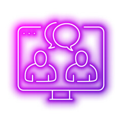 Fototapeta premium Monitor Group Chat Showing Online Meeting Online. Neon glowing effect icon