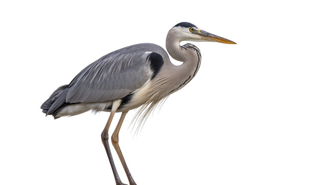 Elegant grey heron bird with long beak and legs, isolated on transparent background